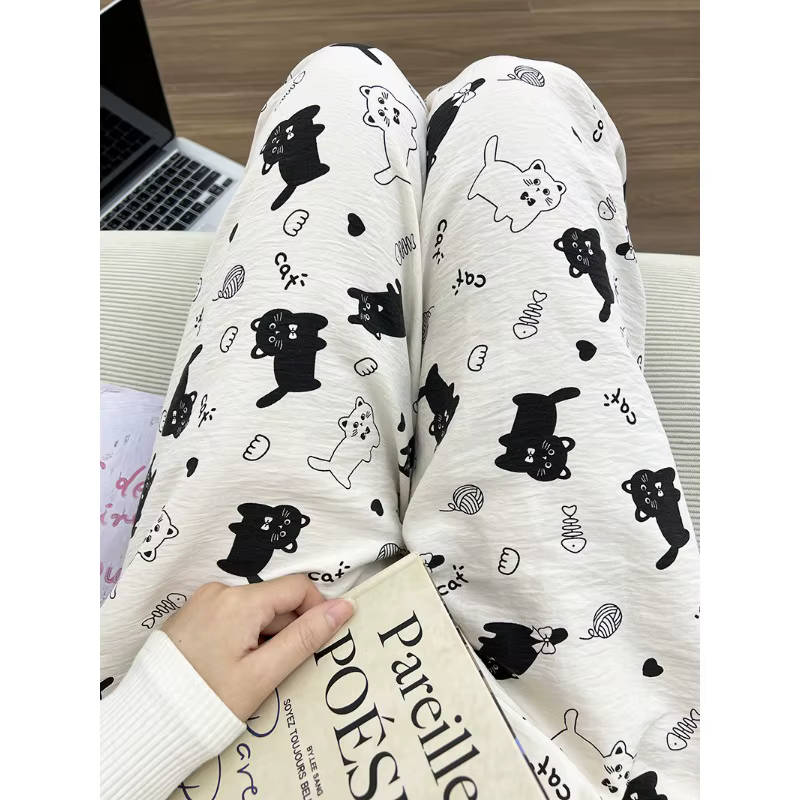 Pantalon de pyjama d'été pour femmes, blanc, chaton de dessin animé, mince, pour étudiant, maison, r