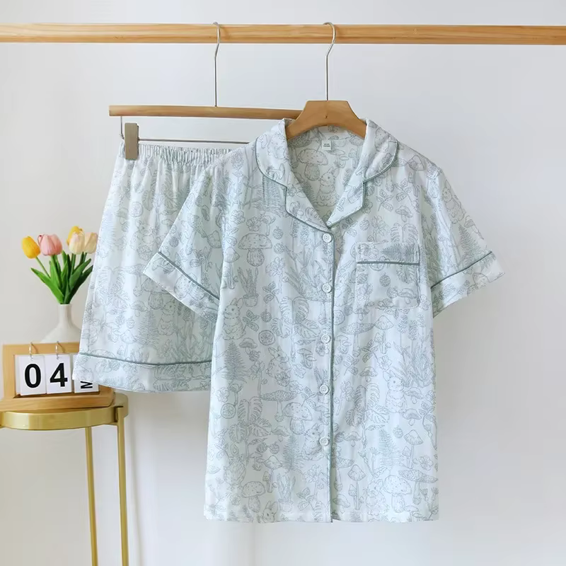 Pyjama Respirant en Gaze Double Couche, Ensemble Deux Pièces en Coton Imprimé à la Mode, à Manches C