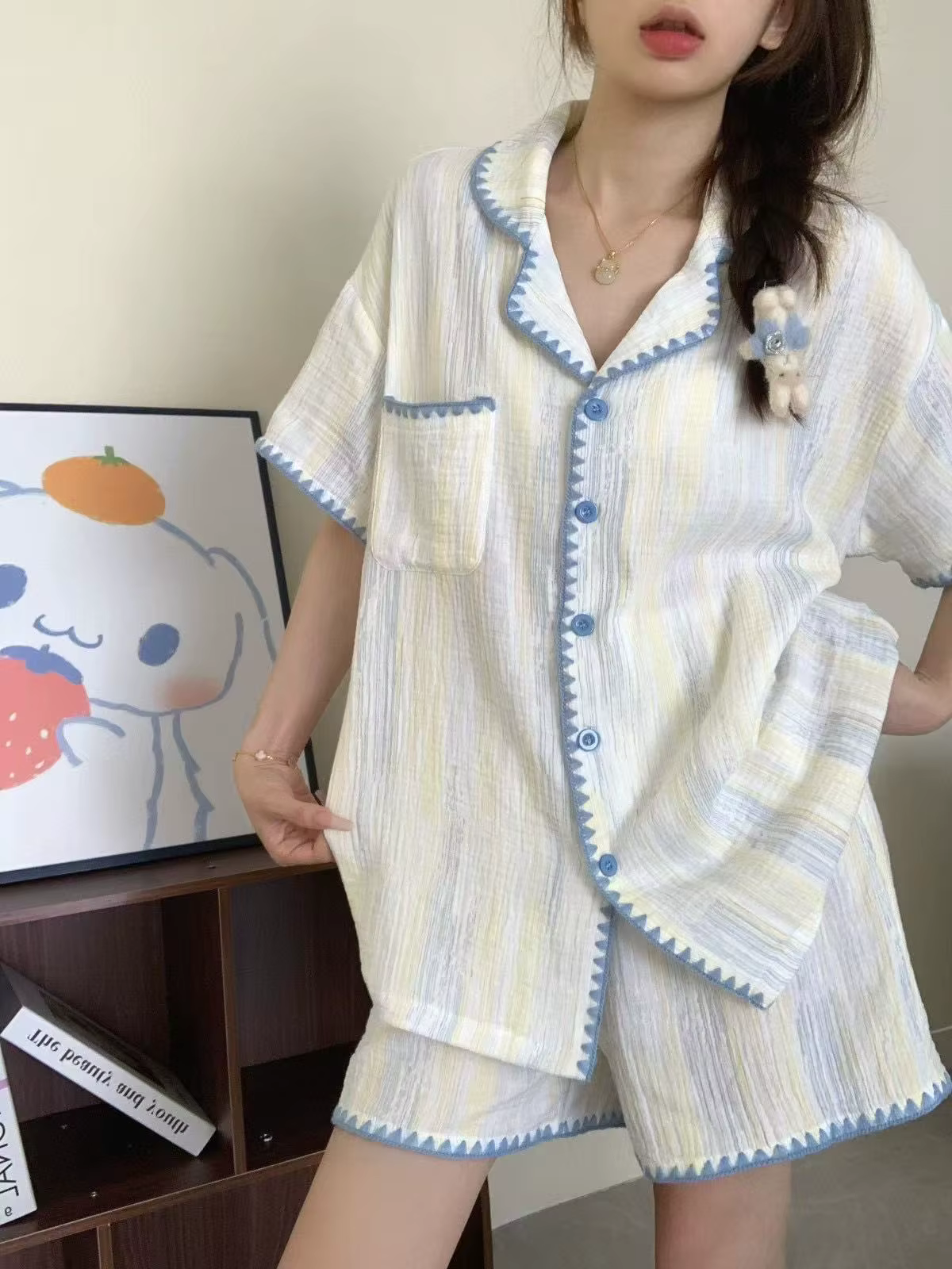 Pyjama d'été mignon à carreaux color-block pour femme : ensemble à manches courtes, ensemble deux pi