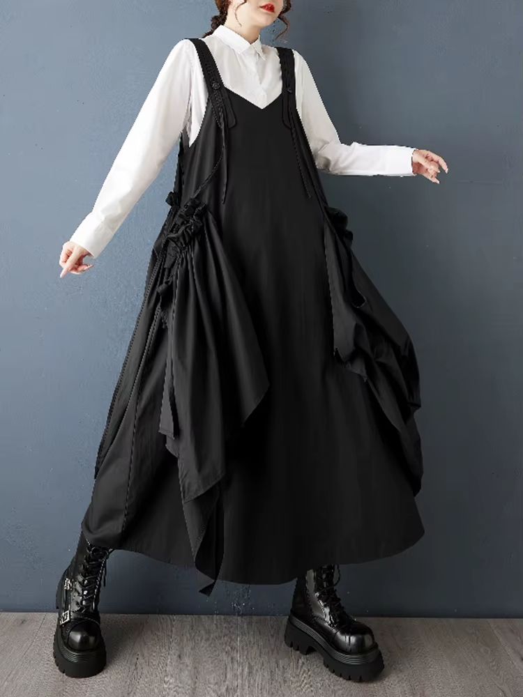 Robe plissée sans manches noire Vintage à bretelles pour femmes, ample, décontractée, printemps-auto