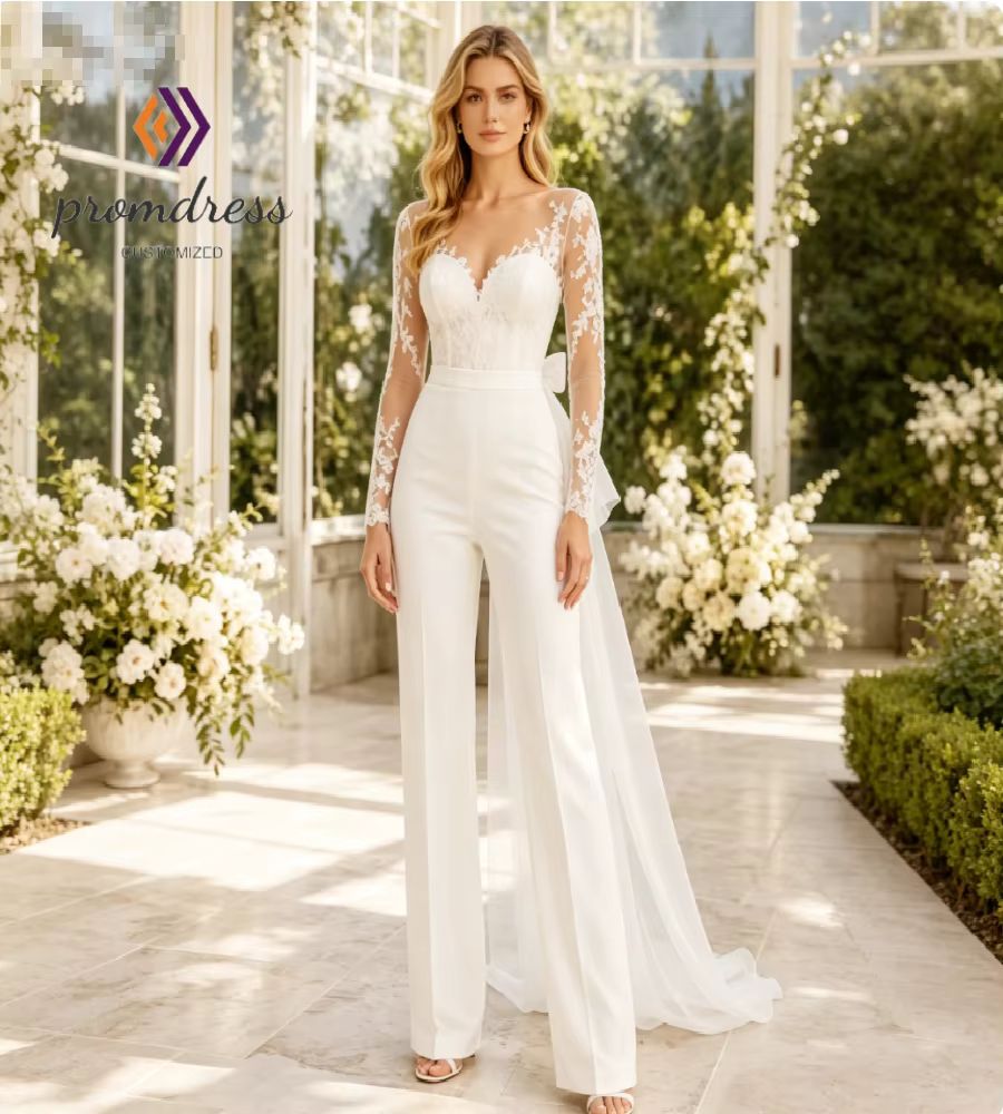 Robe de mariée minimaliste pour cérémonie civile, combinaison-pantalon en satin doux à manches longu