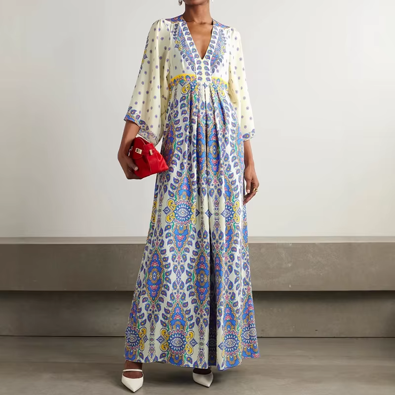 Robe Maxi Chic en Patchwork à manches trois quarts, robe de soirée imprimée à col en V pour femmes, 