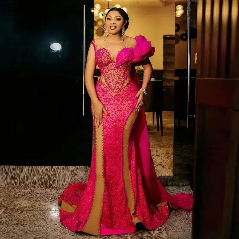 Robe de soirée sirène rose à paillettes pour femmes africaines, Sexy, fente haute, perlée, épaules v