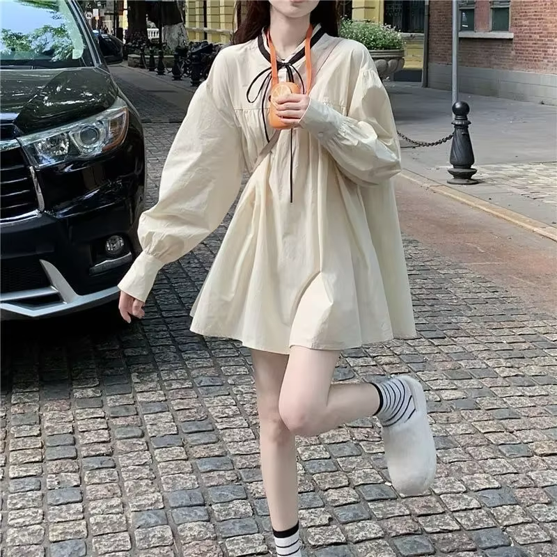 Robe courte Vintage française à manches bouffantes pour femmes, douce, manches longues, avec nœud à 
