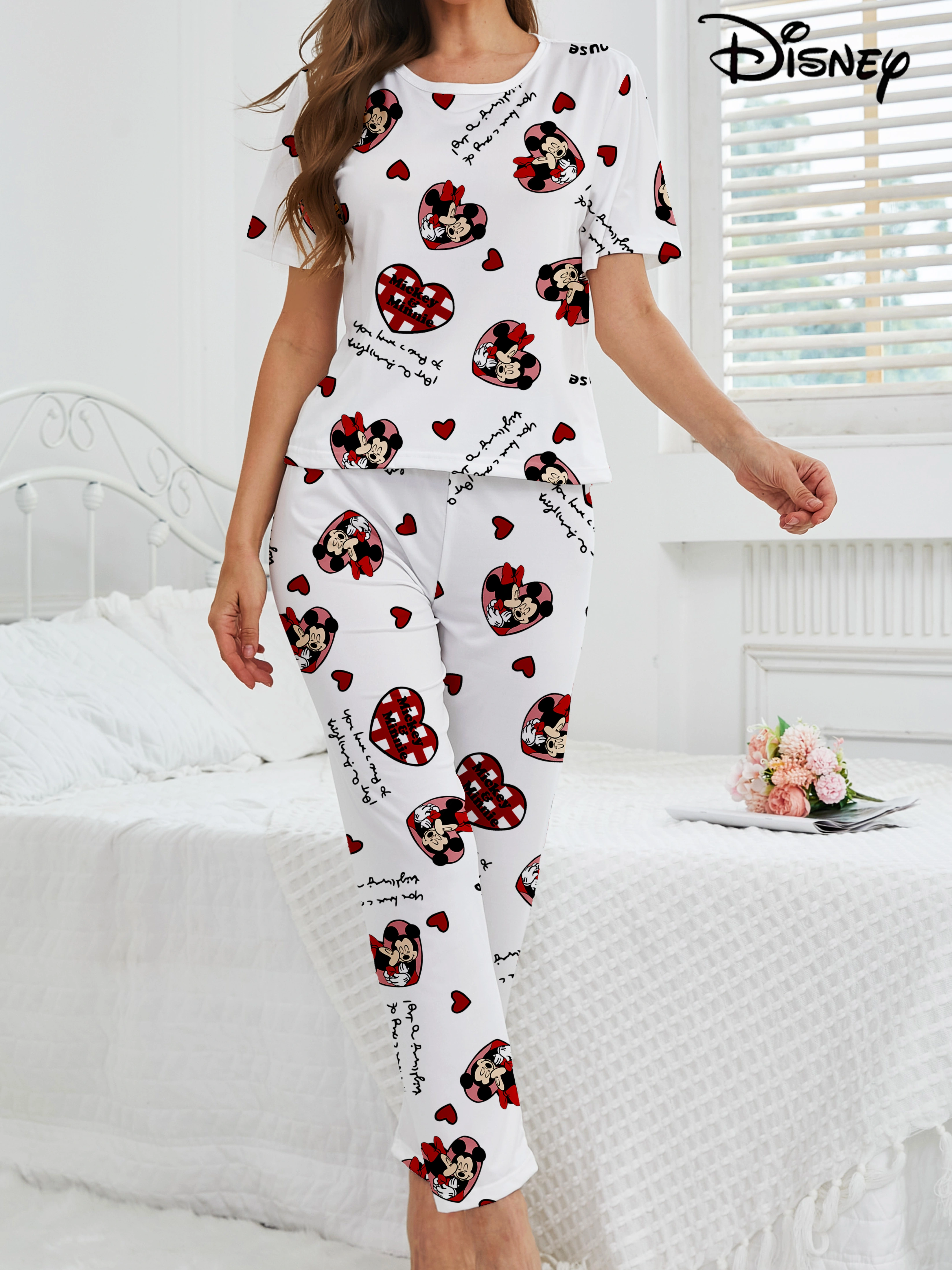 Ensemble 2 pièces pour femmes, pyjama à motif d'amour de dessin animé Disney Mickey et Minnie, vêtem