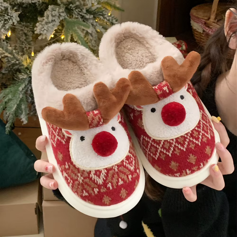 Pantoufles chaudes et moelleuses en forme de cerf de noël pour femmes, chaussures de maison d'hiver,