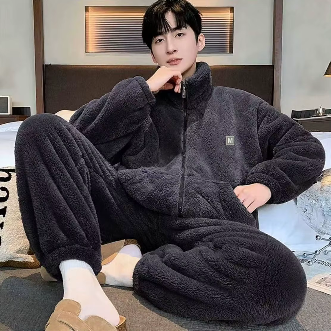 Pyjama en flanelle épais et chaud pour homme, col haut, grande taille, ample, en peluche, vêtements 