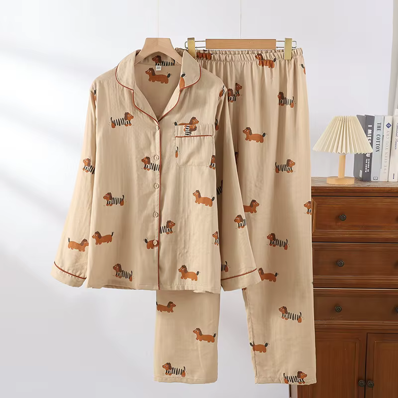 Nouvel ensemble de pyjama couple printemps-automne 2026 en gaze 100 % coton, ensemble deux pièces à 