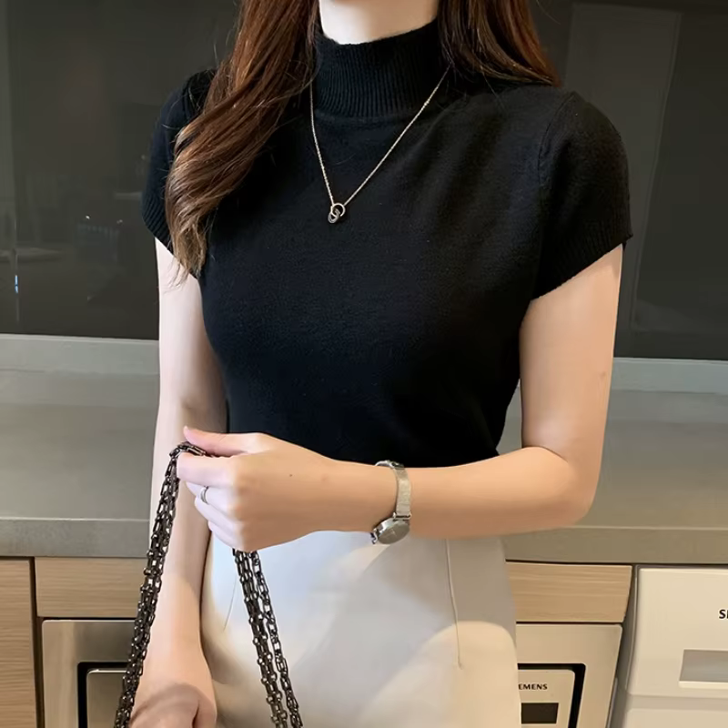 T-Shirt à col mi-haut pour femmes, pull à la mode, hauts décontractés, Style coréen, vêtements éléga
