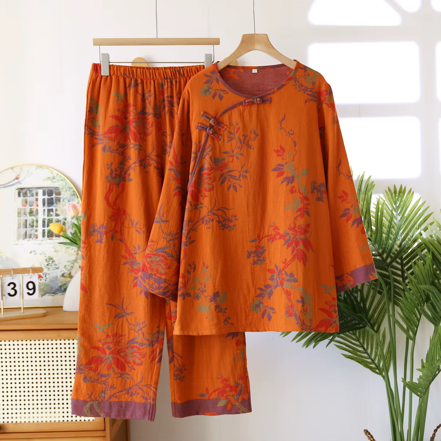 Pyjama long en coton tissé pour femmes, vêtements FJHome, style rétro, couleurs orange et violet, en