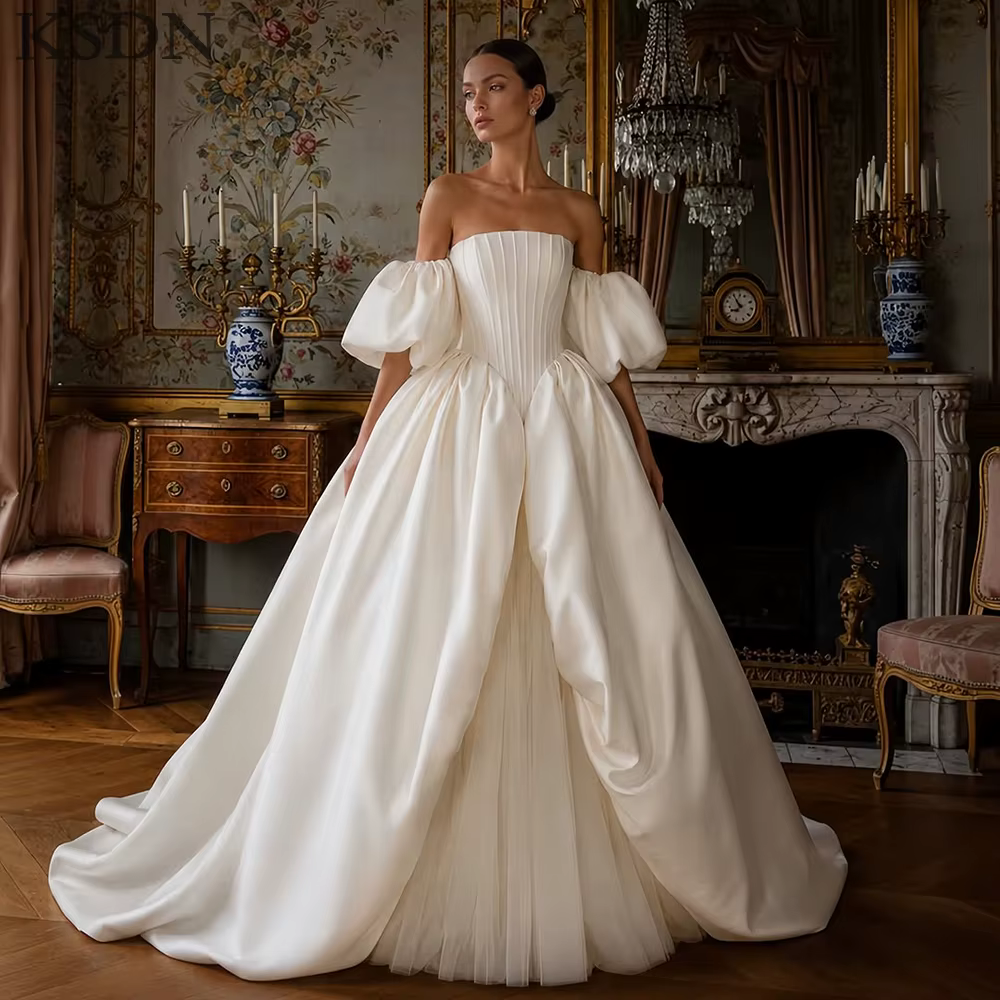 Robes de mariée blanches glamour pour la mariée, élégantes, à demi-manches, avec traîne chapelle, ro