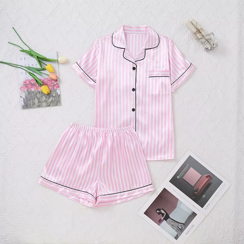Pyjama en Satin de soie à rayures roses pour femmes, haut et Short à manches courtes, col en v, vête
