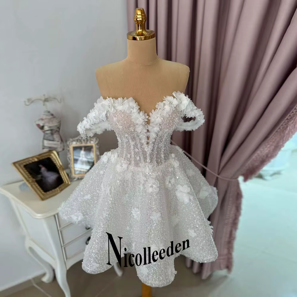 Nicolle Bling perles robes De mariée pour les femmes 3D fleurs paillettes col en v Mini robe De mari