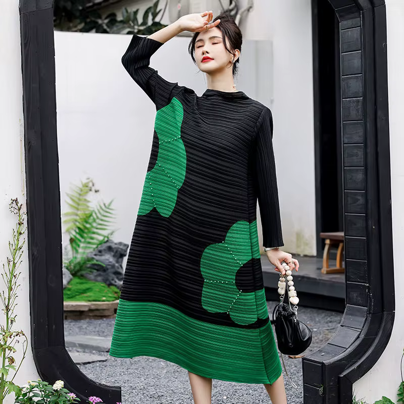 Robes longues pour femmes, col montant, couleur assortie, manches en strass, ourlet en forme de A, j