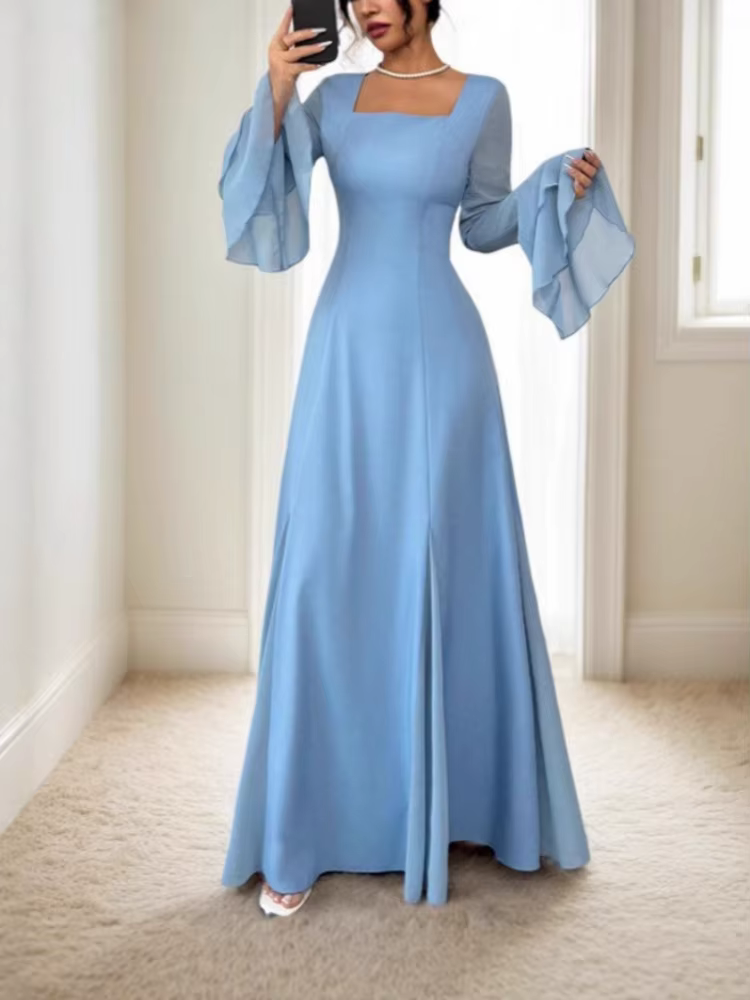 Robes de soirée bleues pour femmes, col carré, haute qualité, longueur ras du sol, traîne, coupe tra
