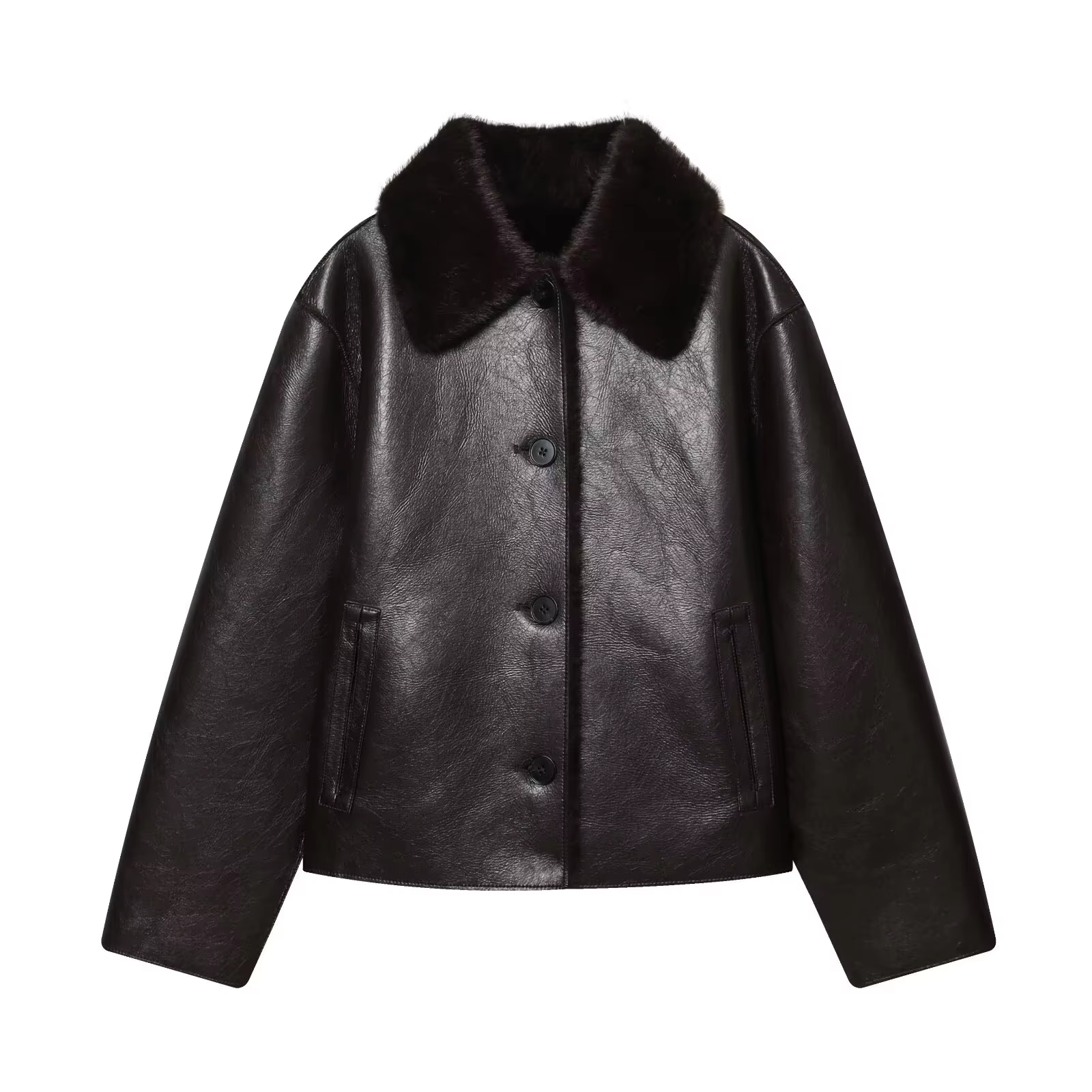 Veste femme 2025 automne/hiver nouveautés marron foncé à manches longues en simili cuir veste révers