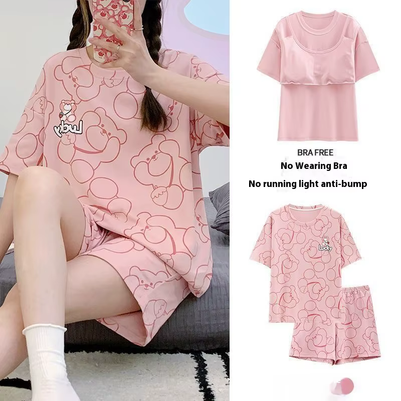 Pyjama pour femme, ensemble d'été à manches courtes, doux, avec coussin de poitrine, version coréenn