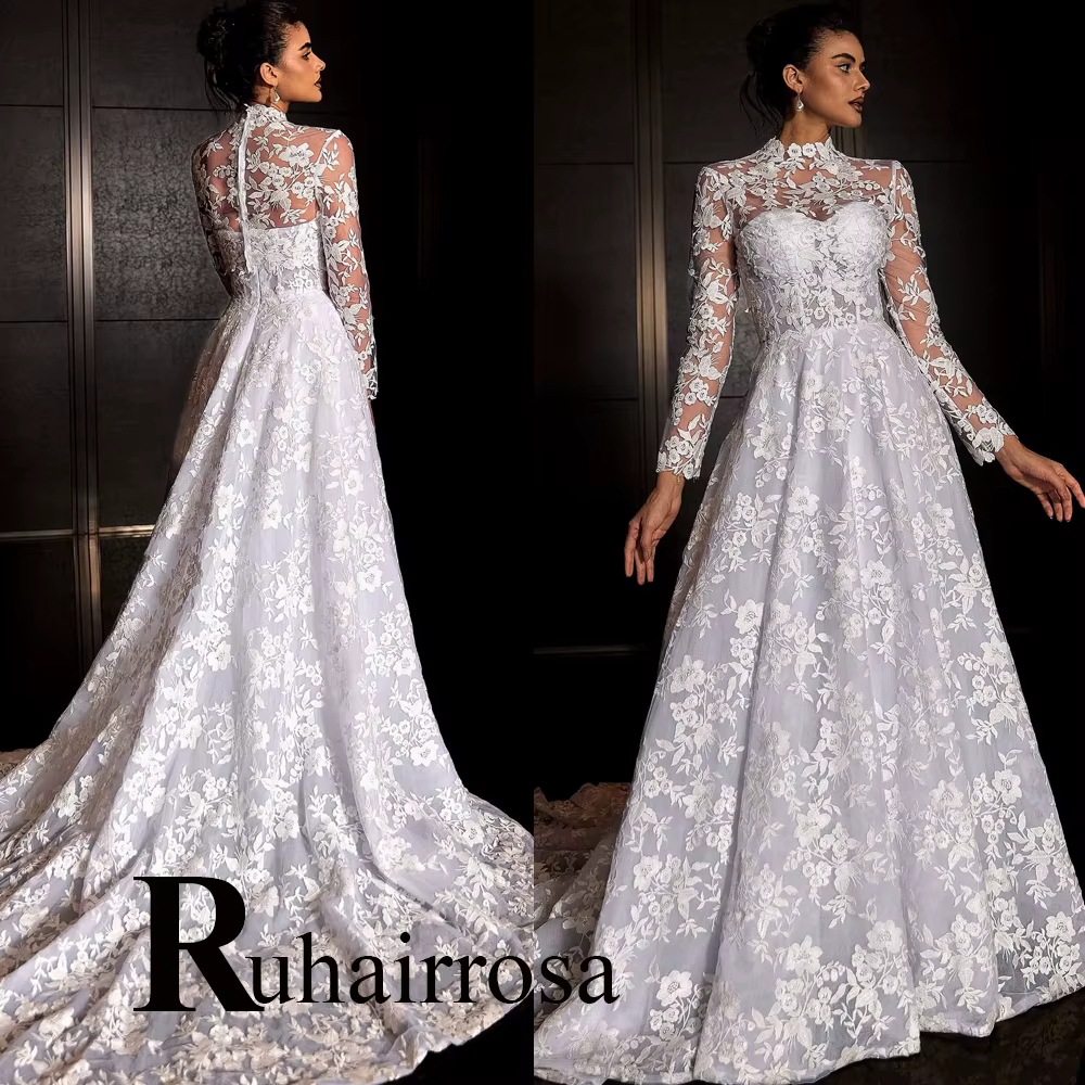 Ruhair Bohe col haut robes de mariée pour mariée dentelle Appliques Corset a-ligne pli Court Train A