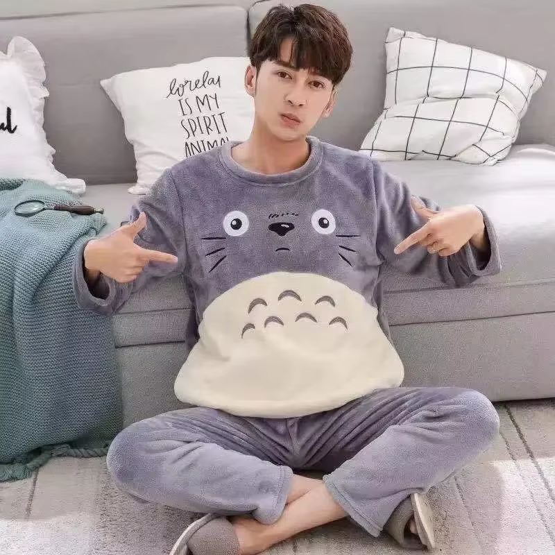 Hommes hiver chaud flanelle pyjama ensembles à manches longues épais Homewear pour hommes corail vel