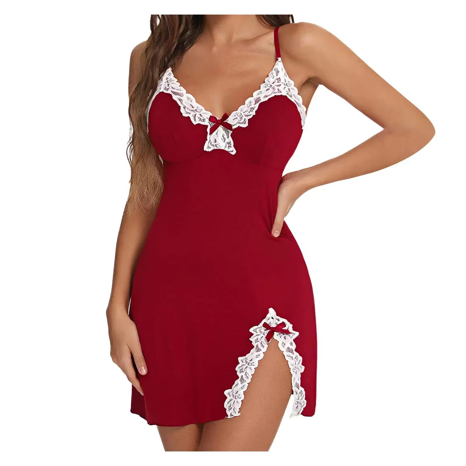 Été dentelle Sexy pur noir sans manches nuisettes femmes vêtements de nuit Lingerie col en v chemise