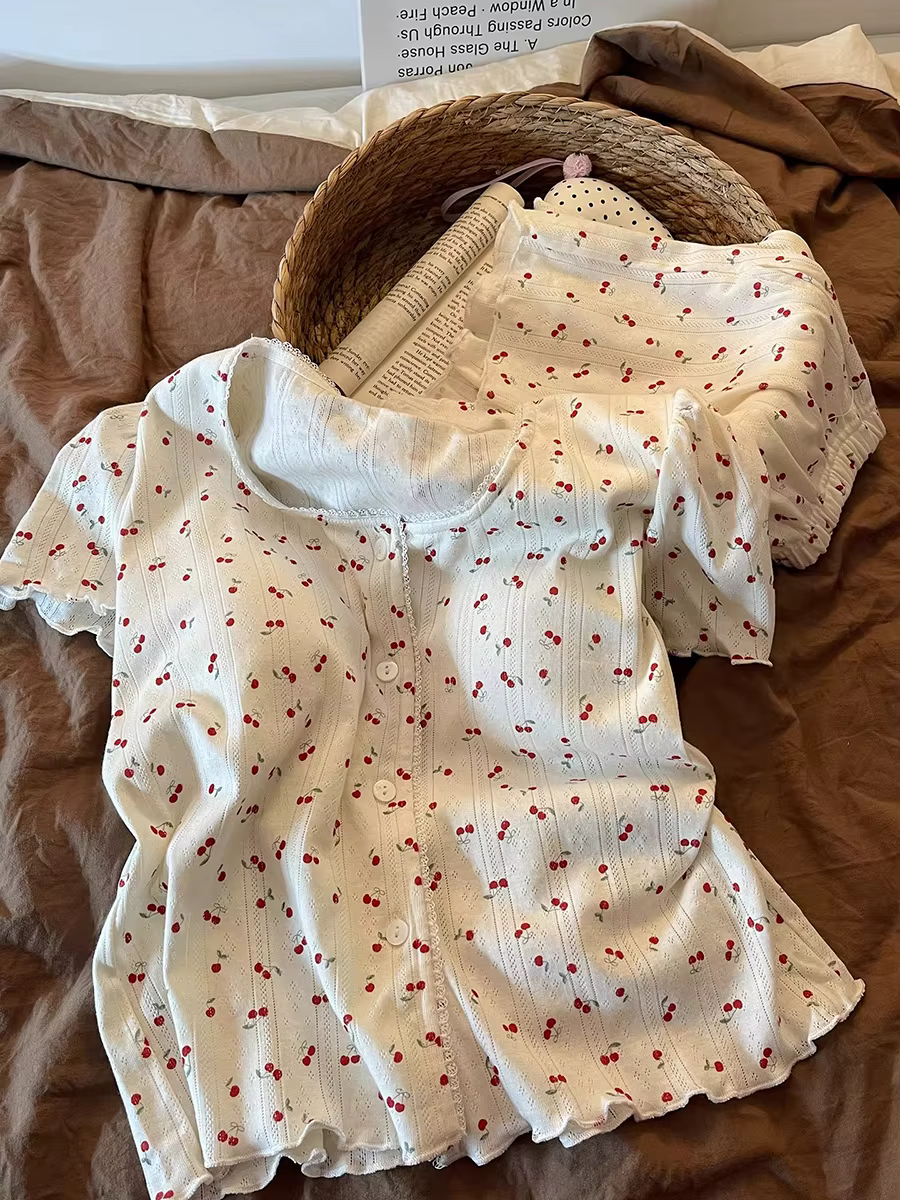 Nouvel ensemble de pyjama d'été pour femme, imprimé, à manches courtes, avec coussinets de poitrine,