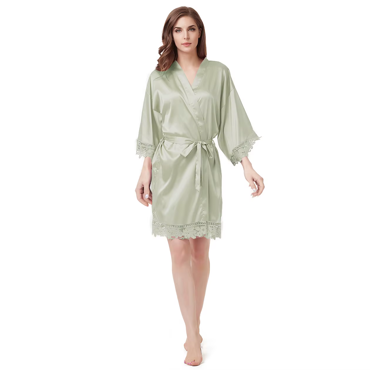 Peignoir en satin pour femme, style court, bordure en dentelle, robe pour patients, A9007