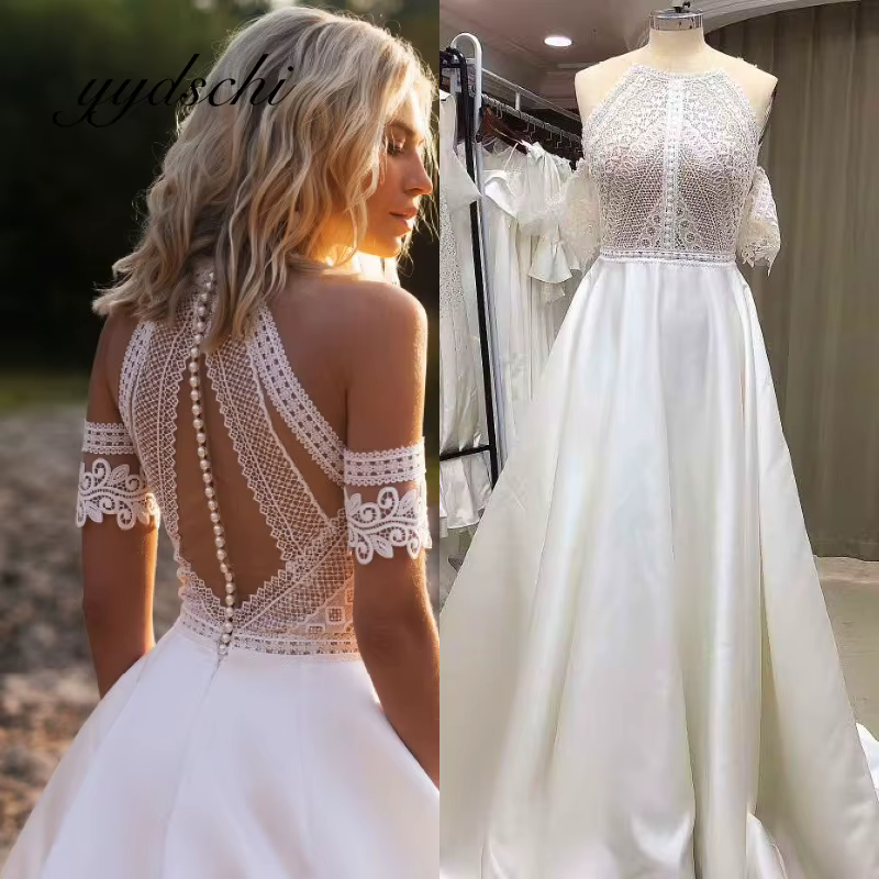 Robe de mariée sirène en dentelle simple et crochet, style bohème sexy, dos nu, en gaze douce, pour 