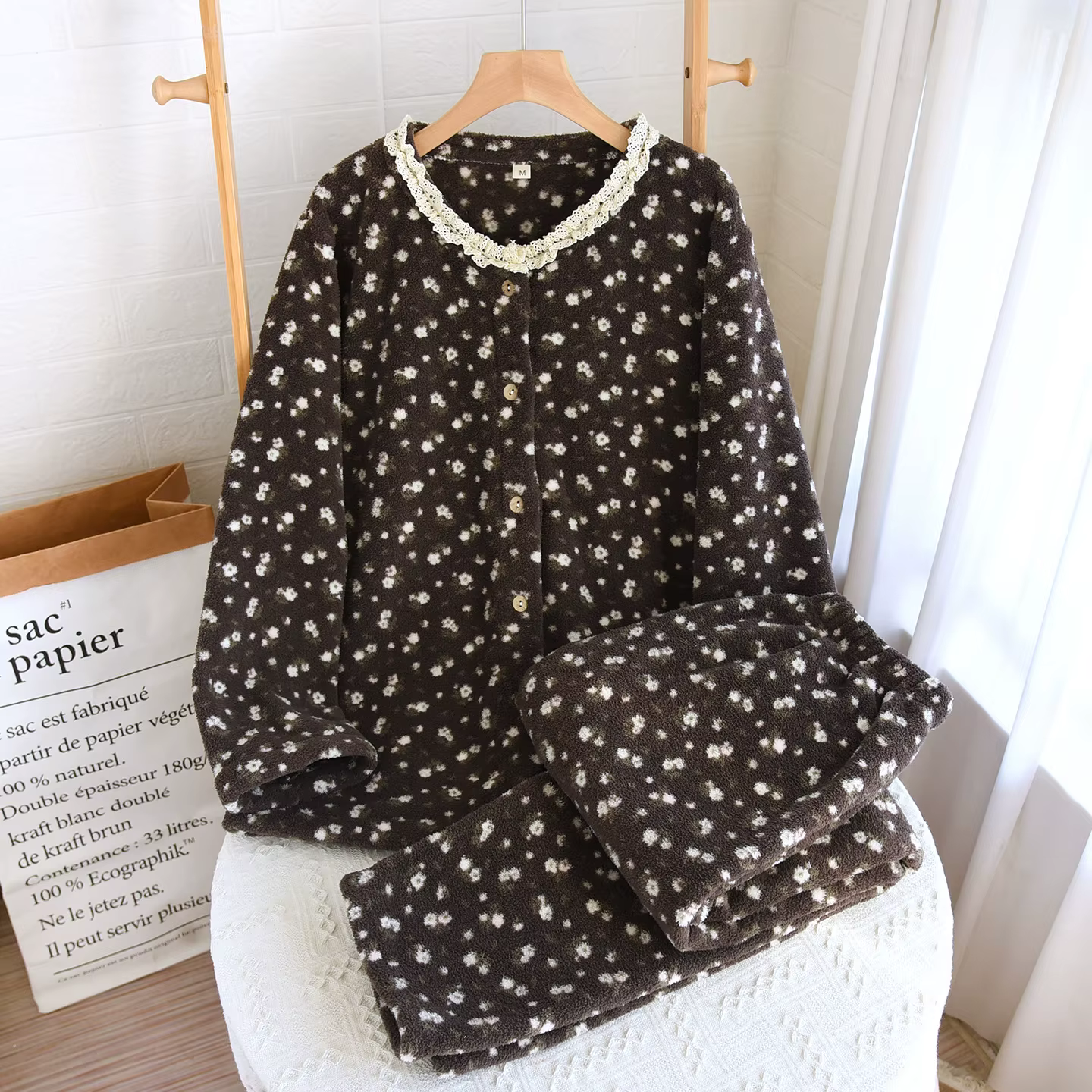 Pyjama deux pièces en flanelle épaisse pour femme, vêtements de maison, motif Floral, vêtements de n