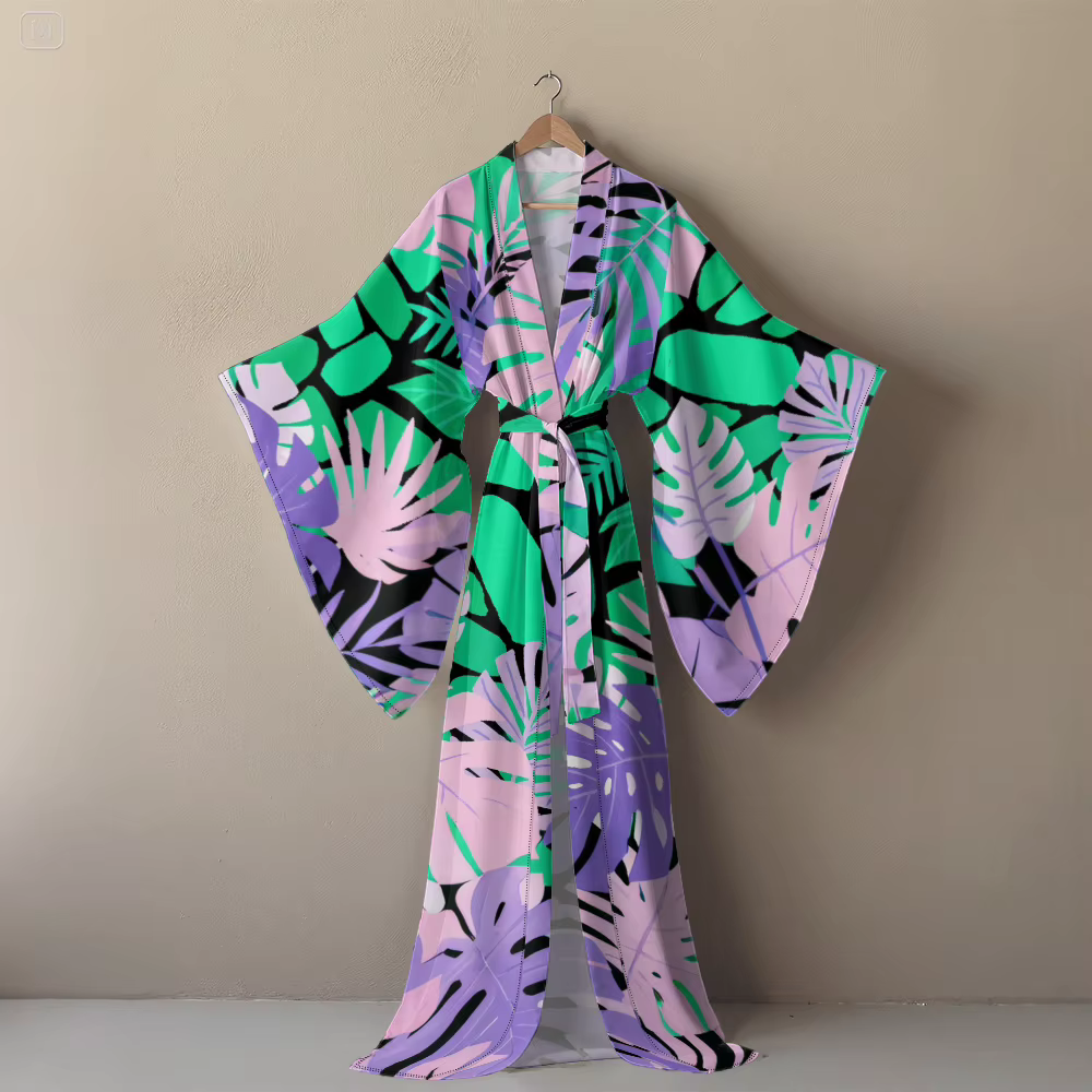 Peignoir Kimono Sexy imprimé feuilles tropicales pour femmes, avec fente haute et ceinture, manches 
