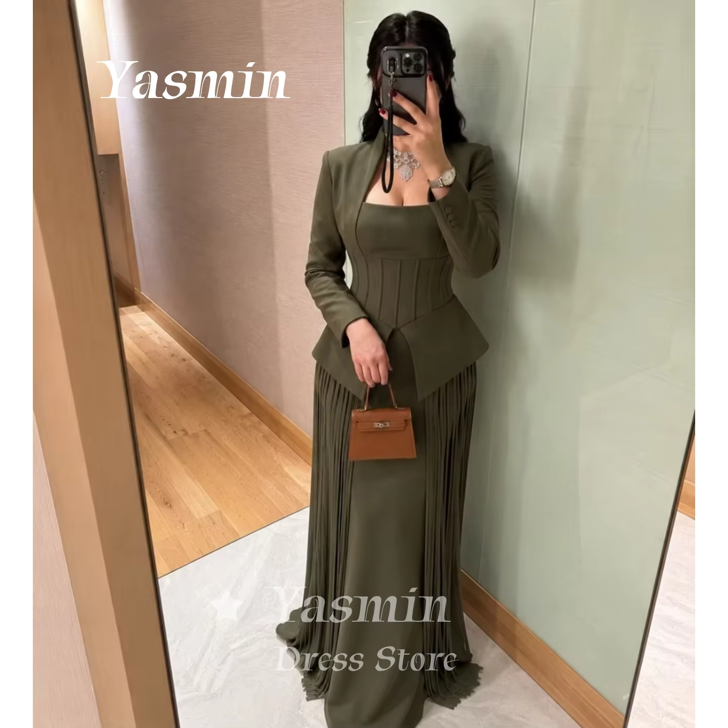 Robe de soirée vert olive, robe de bal à manches longues, plissée, froncée, style sirène, pour invit
