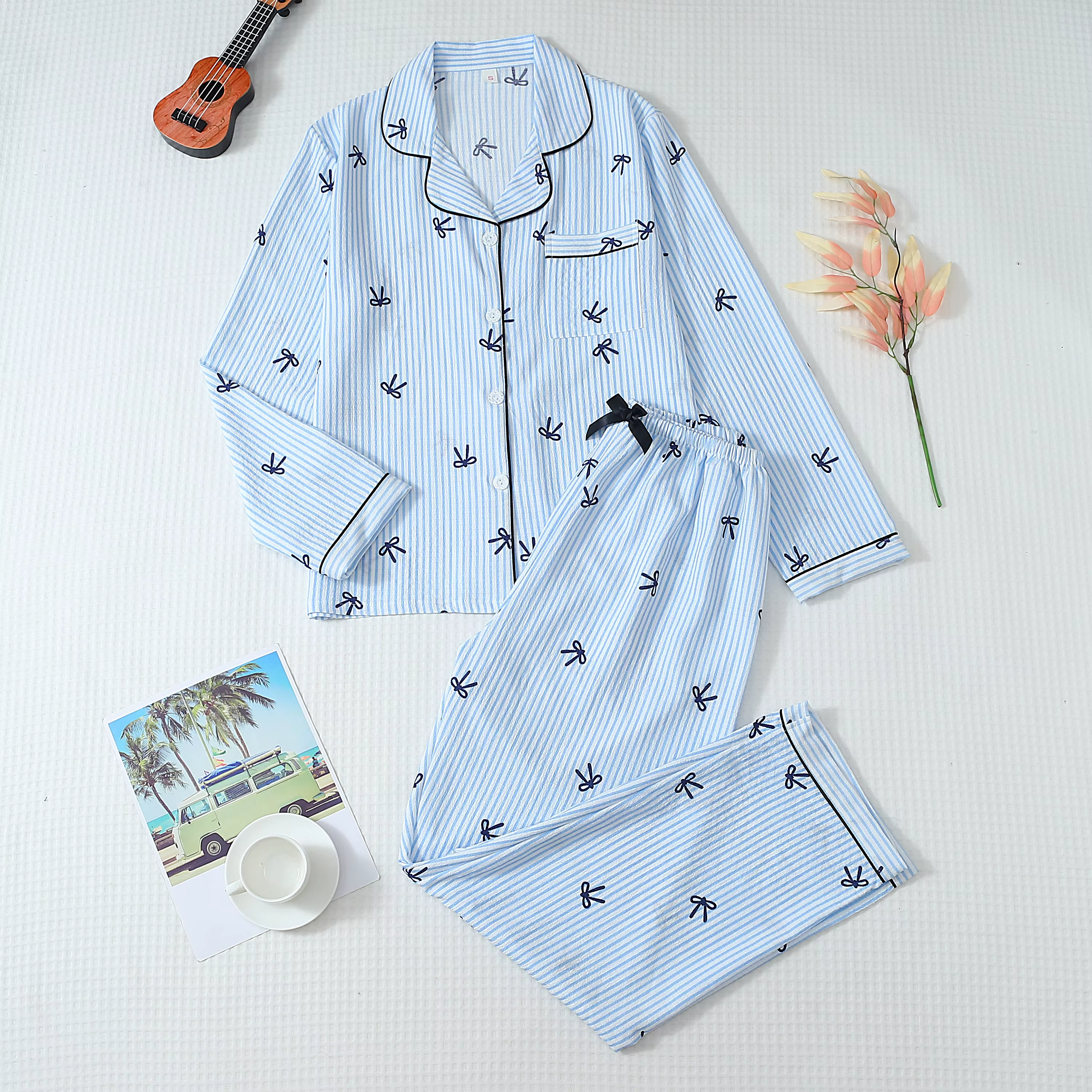 Ensemble pyjama imprimé nœud rayé bleu et blanc pour femme, chemise boutonnée à manches longues et p