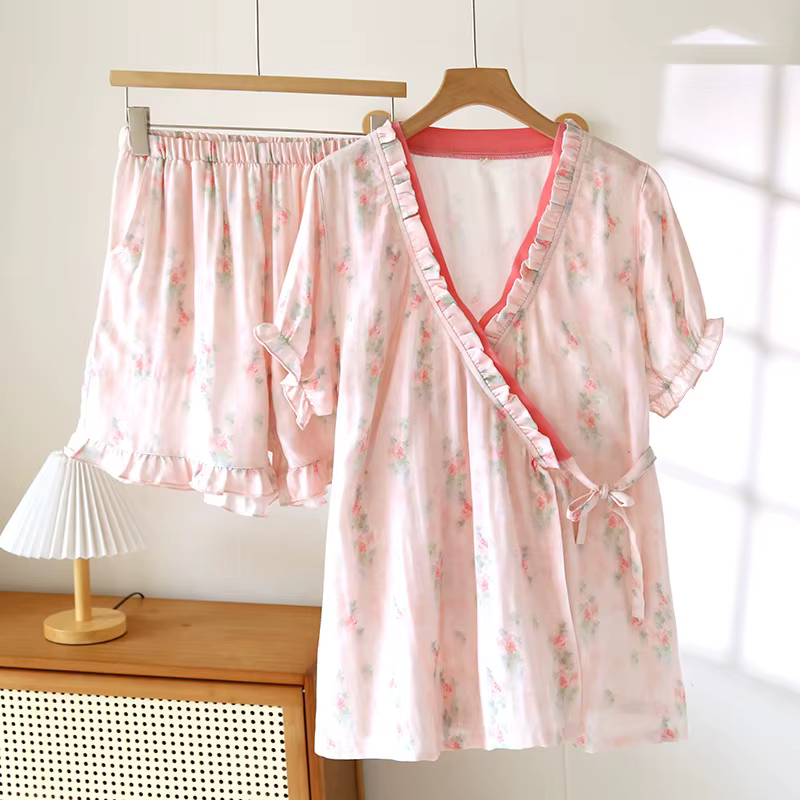 Ensemble pyjama d'été en coton de bambou pour femmes, imprimé floral fin, Kimono à lacets, manches c