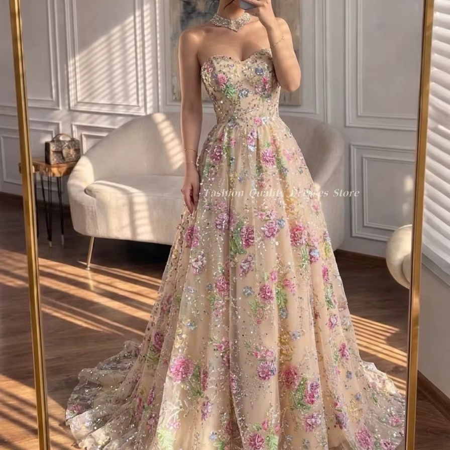 Robes de soirée à paillettes florales brillantes, épaules dénudées, rose, coupe trapèze, robe de bal