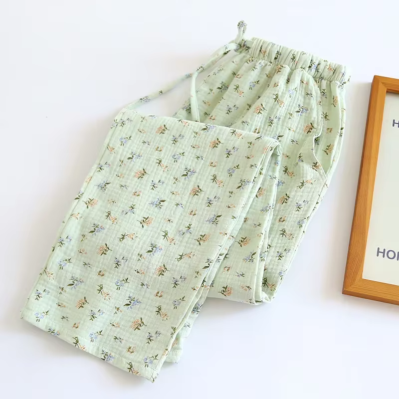 Pantalon de pyjama imprimé floral pour femme, coton, double couche, printemps, été, simple, pantalon