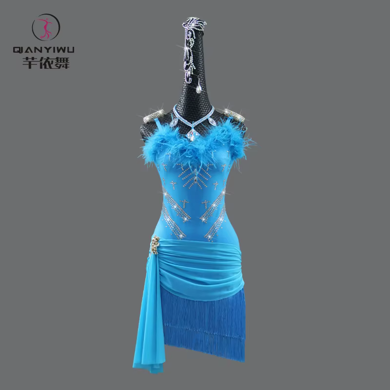 Robe de danse latine bleue, costume de bal, tenue de danse sportive pour femmes, vêtements de compét