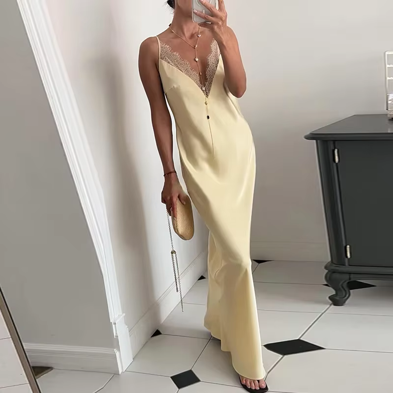 Robe longue sexy en dentelle patchwork pour femme, col en V, sans manches, collection Printemps-Été 