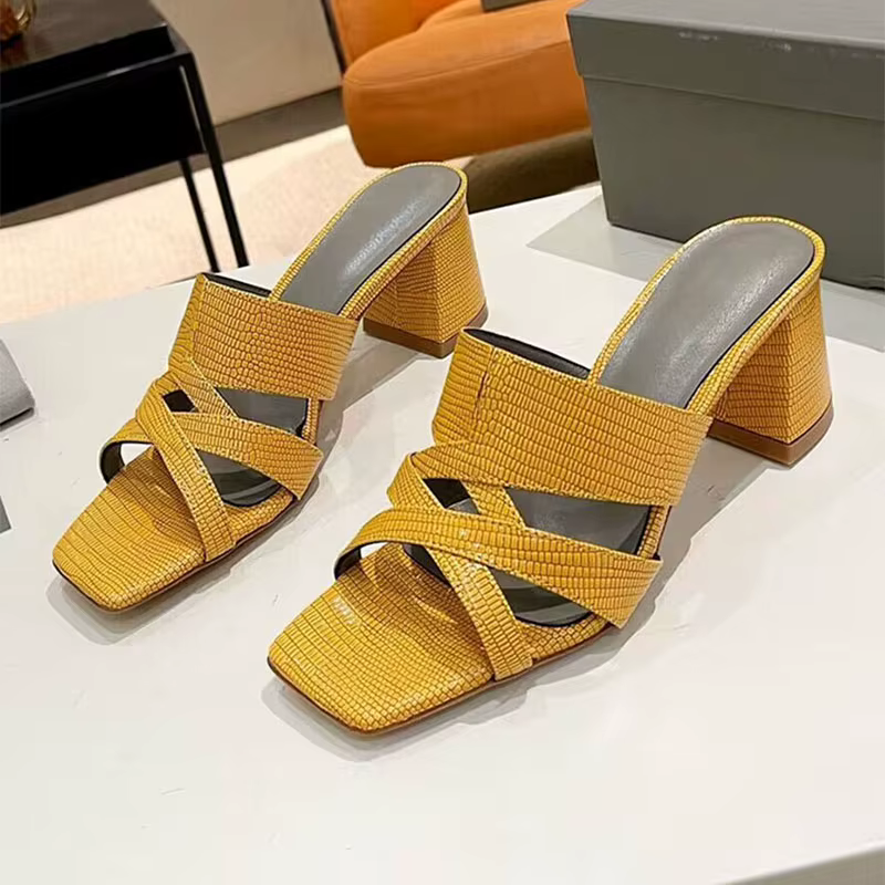 Pantoufles en cuir véritable à bout carré pour femmes, sandales à talons carrés et bout ouvert, chau