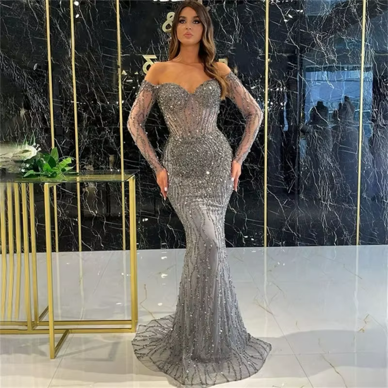 Robe de soirée grise à manches longues, style Sweetheart, ornée de perles, inspirée des robes de soi