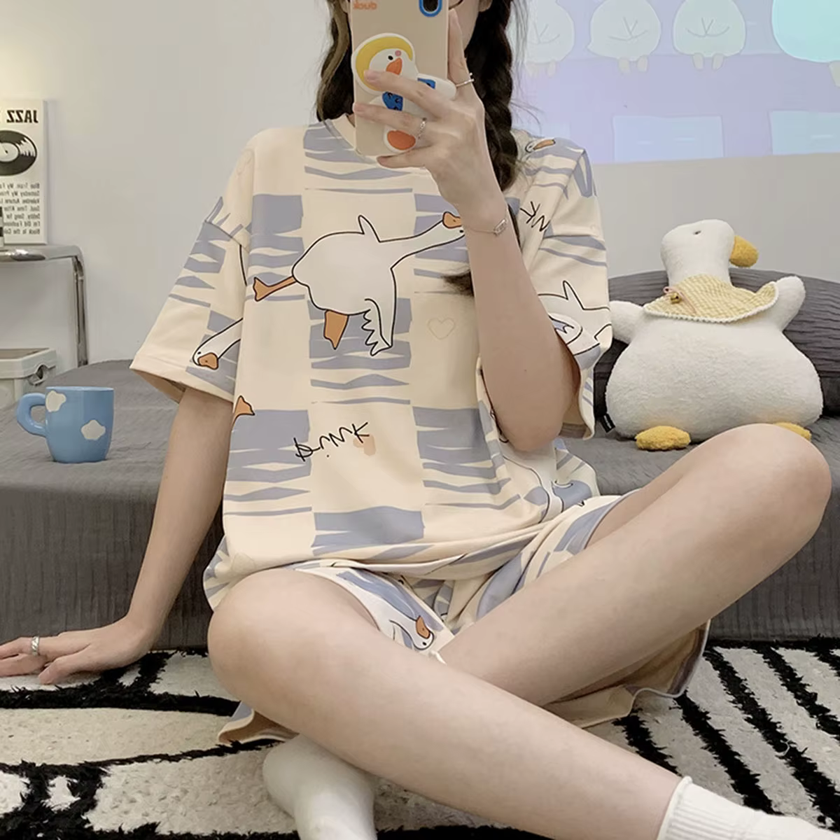 Ensemble de pyjama décontracté pour femme à manches courtes, motif ours de dessin animé, dégradé, po
