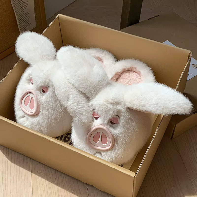 Pantoufles moelleuses cochon de dessin animé pour femmes, chaussures d'hiver à enfiler, peluche douc