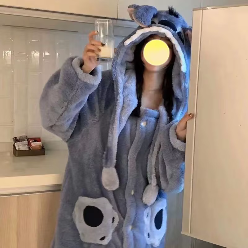 Pyjama couple Lilo & Stitch Angel, robe de nuit chaude en polaire corail, tenue de nuit Disney Stitc