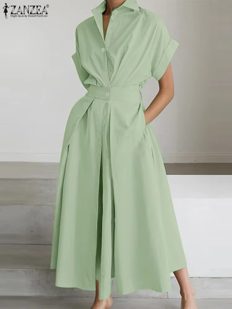 Femmes mode chemise robe élégante taille haute revers cou à manches courtes robe mi-longue 2025 été 