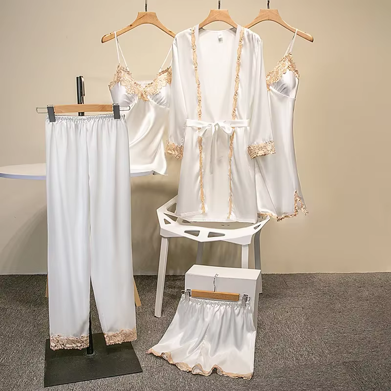 Ensemble pyjama cinq pièces avec coussinets de soutien-gorge, en soie, Sexy, à bretelles, motif Flor