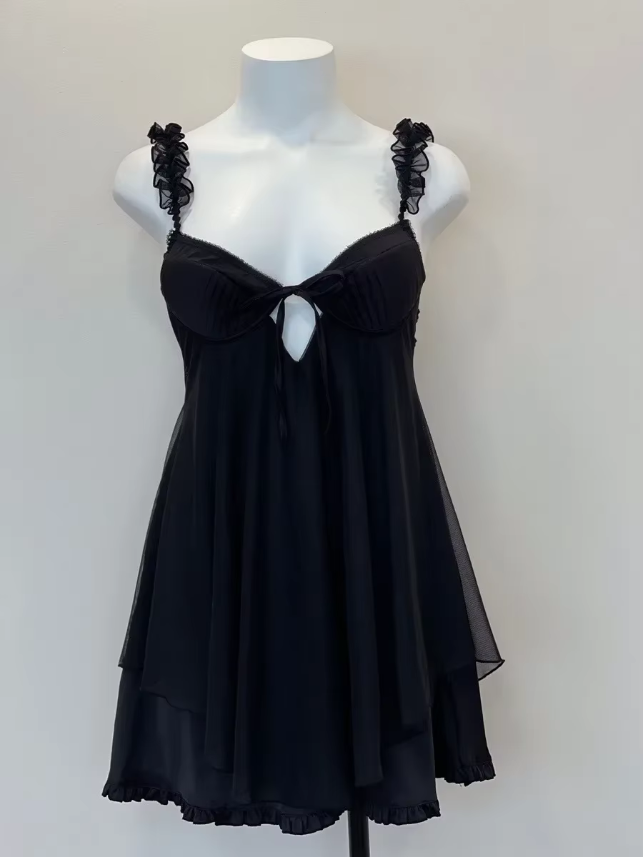 Pyjama Sexy en dentelle à volants pour femmes, avec coussin de poitrine, bretelles, robe de nuit, Li