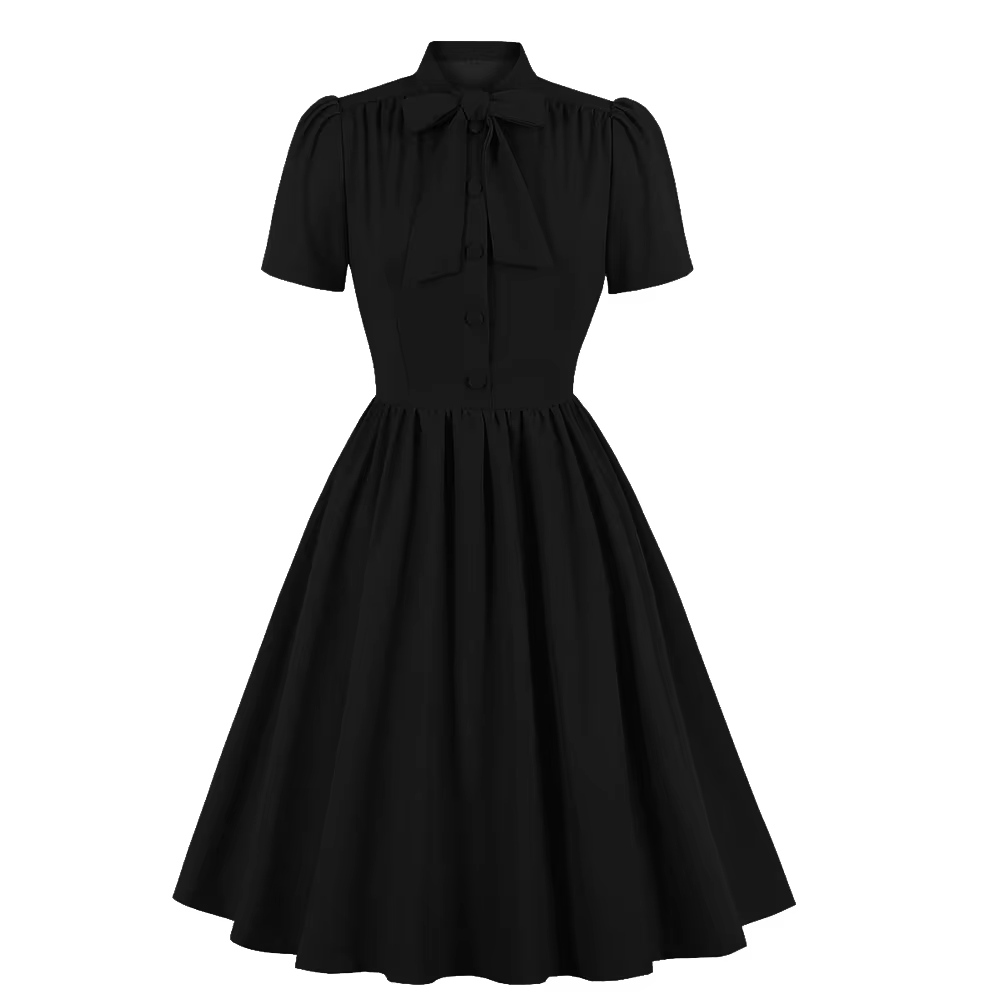 Robe plissée bleue style vintage, col nœud papillon, boutonnée, élégante, pour femme, été, ceinturée