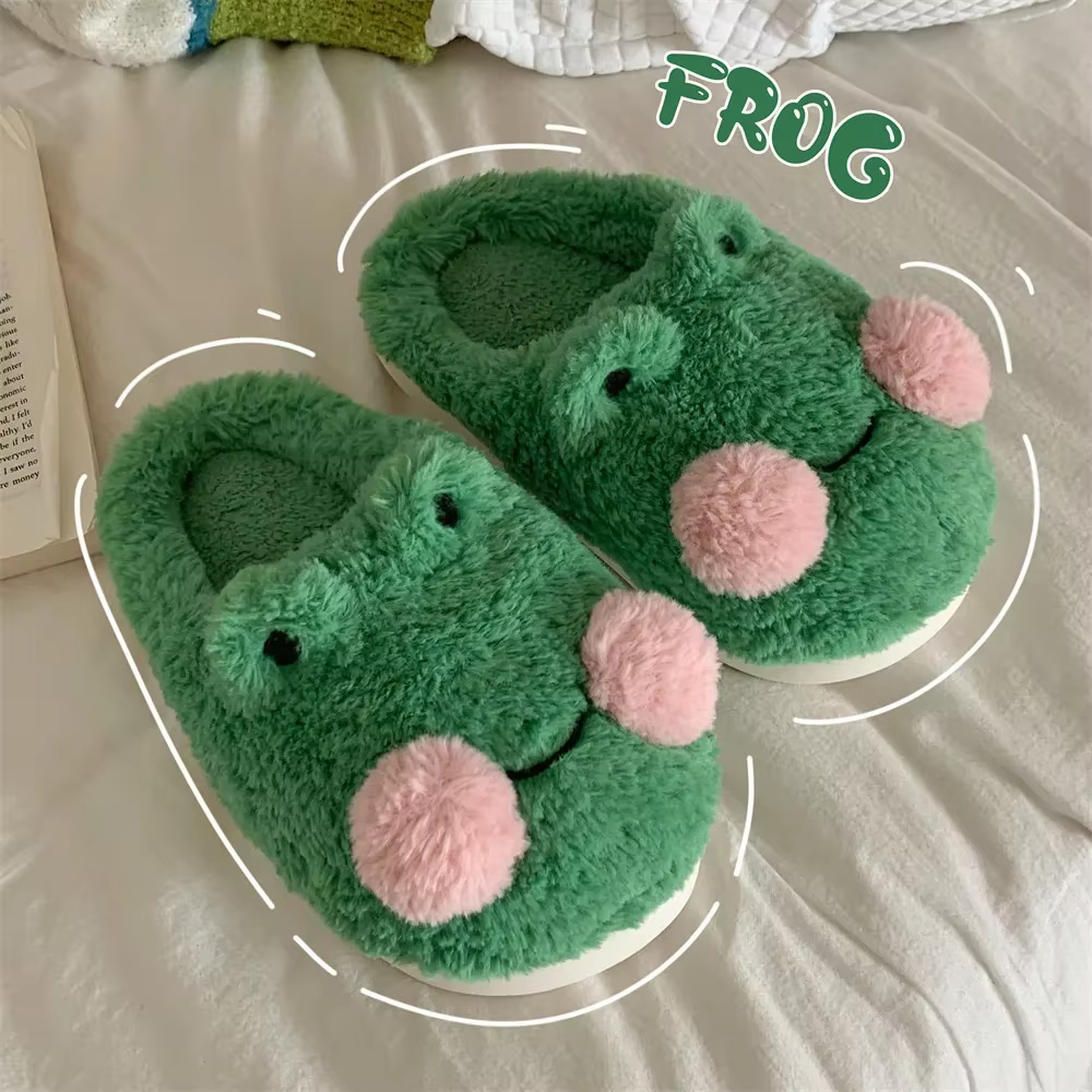 Pantoufles en coton grenouille de dessin animé pour femmes et hommes, chaussures chaudes d'hiver, fo