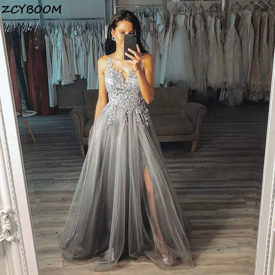 Robes de bal grises fendues 2026 pour femmes, robes de soirée formelles, robes de gala A-ligne, appl