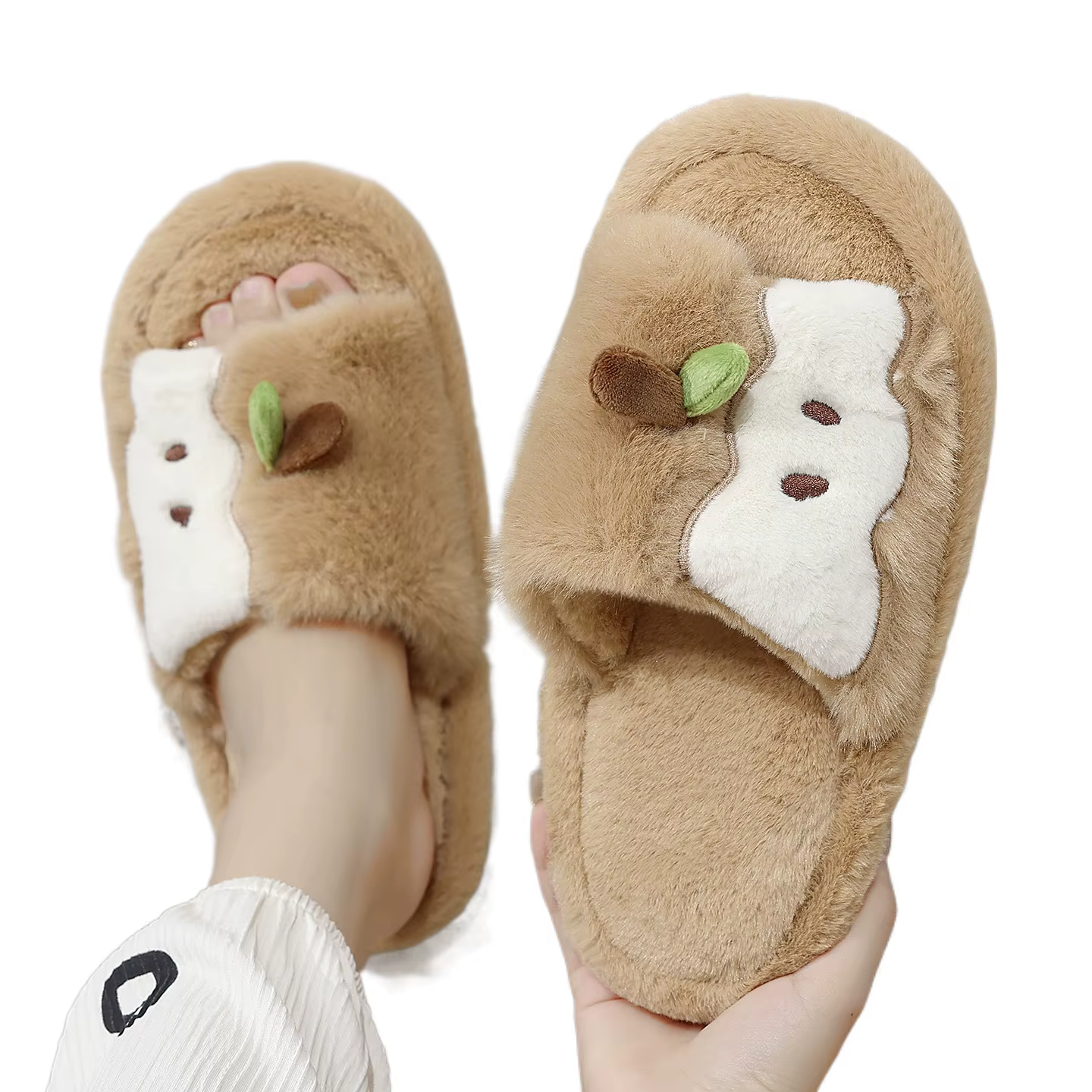Nouveau mignon pomme femmes pantoufles hiver dessin animé en peluche chaud épais chaussures de sol f