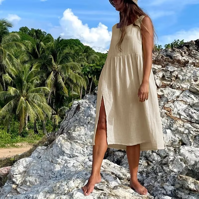 Mousseline 100% coton gaze Boho Robe femmes casual col en U sans manches solide été ample plage vaca