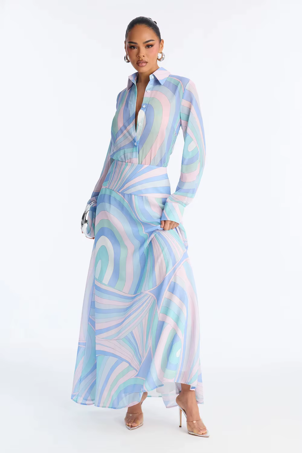 Robe longue élégante pour femme à imprimé marbré, manches longues, boutonnée, en mousseline transpar
